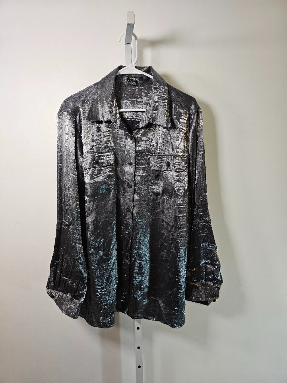Elementz Blouse Gray Shimmery Satin Button Up 2X
